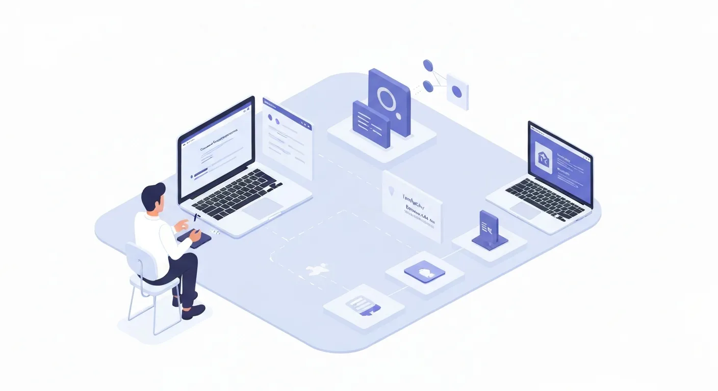 Izometryczny diagram ilustrujący proces działania TCF, pokazujący użytkownika wchodzącego w interakcję z okienkiem CMP, co generuje TC String, który jest następnie przekazywany do sieci firm technologicznych (vendorów).