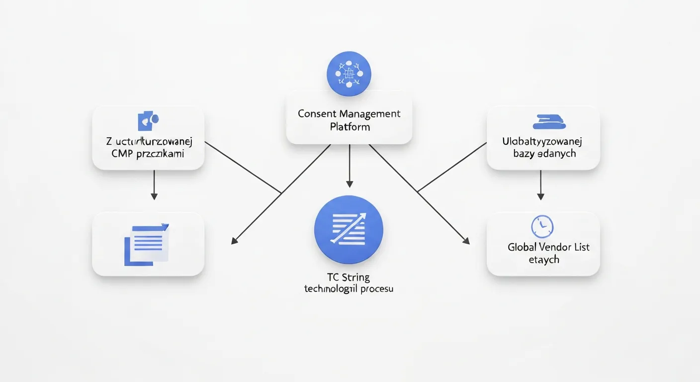 Wizualizacja trzech kluczowych komponentów TCF: platformy CMP, globalnej listy vendorów (GVL) oraz ciągu znaków TC String, które razem tworzą spójny standard.