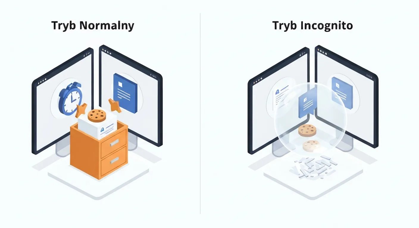 An isometric diagram comparing a normal browser session with an incognito session. On the left, a computer saves icons for history, cookies, and form data into a permanent file cabinet. On the right, a computer in incognito mode places the same icons into a temporary, transparent bubble that is shown dissolving, visually explaining how local data is deleted after the session.