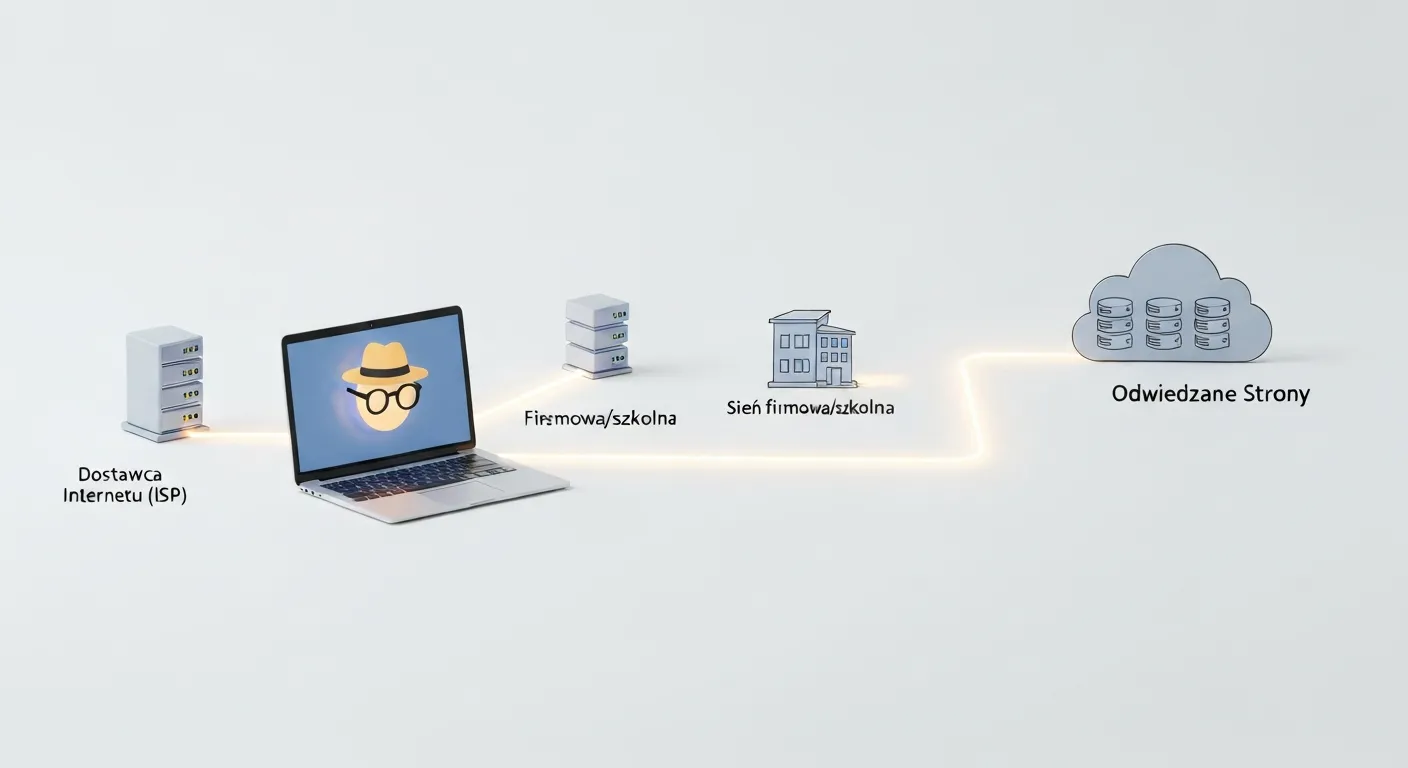 A clear data flow diagram showing that incognito mode does not provide external anonymity. A laptop with the incognito icon on screen sends out a visible stream of internet traffic that flows sequentially through a server rack labeled 'ISP', an office building labeled 'Pracodawca' (Employer), and finally to various website servers, showing all points of observation.