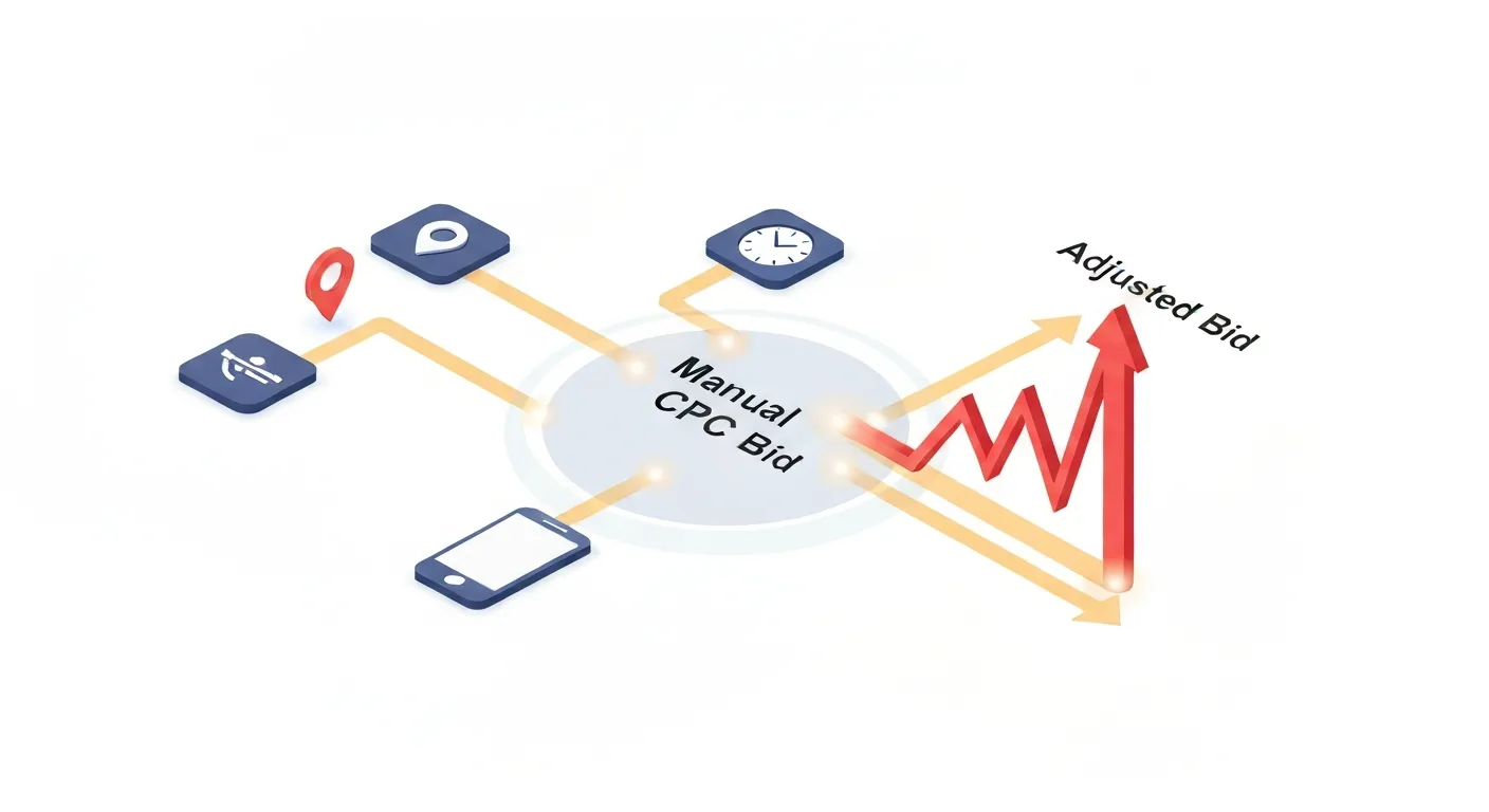 Wizualizacja działania algorytmu eCPC w czasie rzeczywistym. W centrum znajduje się główna stawka CPC, do której prowadzą linie danych z ikon reprezentujących różne sygnały, takie jak lokalizacja, urządzenie, pora dnia i profil użytkownika, co powoduje dynamiczną optymalizację stawki.