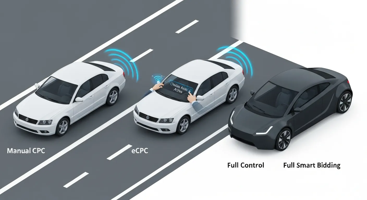 Porównawcza ilustracja strategii ustalania stawek przy użyciu analogii samochodowej. Pokazuje trzy scenariusze: kierowcę zmieniającego biegi ręcznie (Manualny CPC), kierowcę z asystentem jazdy (Ulepszony CPC) oraz autonomiczny samochód bez kierowcy (Pełny Smart Bidding).