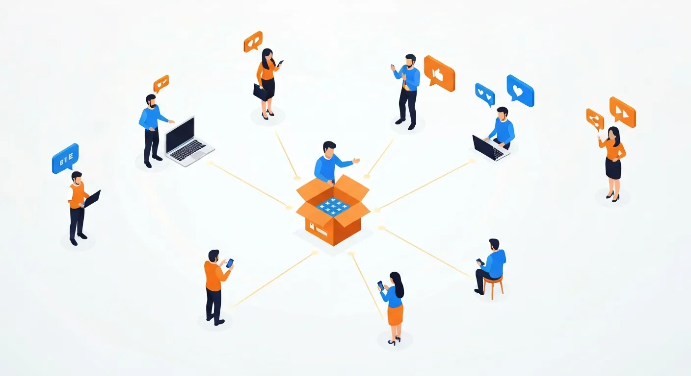 An isometric illustration showing a central influencer figure opening a box, with lines of engagement like likes and shares radiating outwards to a diverse network of smaller figures watching on their smartphones and laptops, demonstrating the concept of social proof in marketing.
