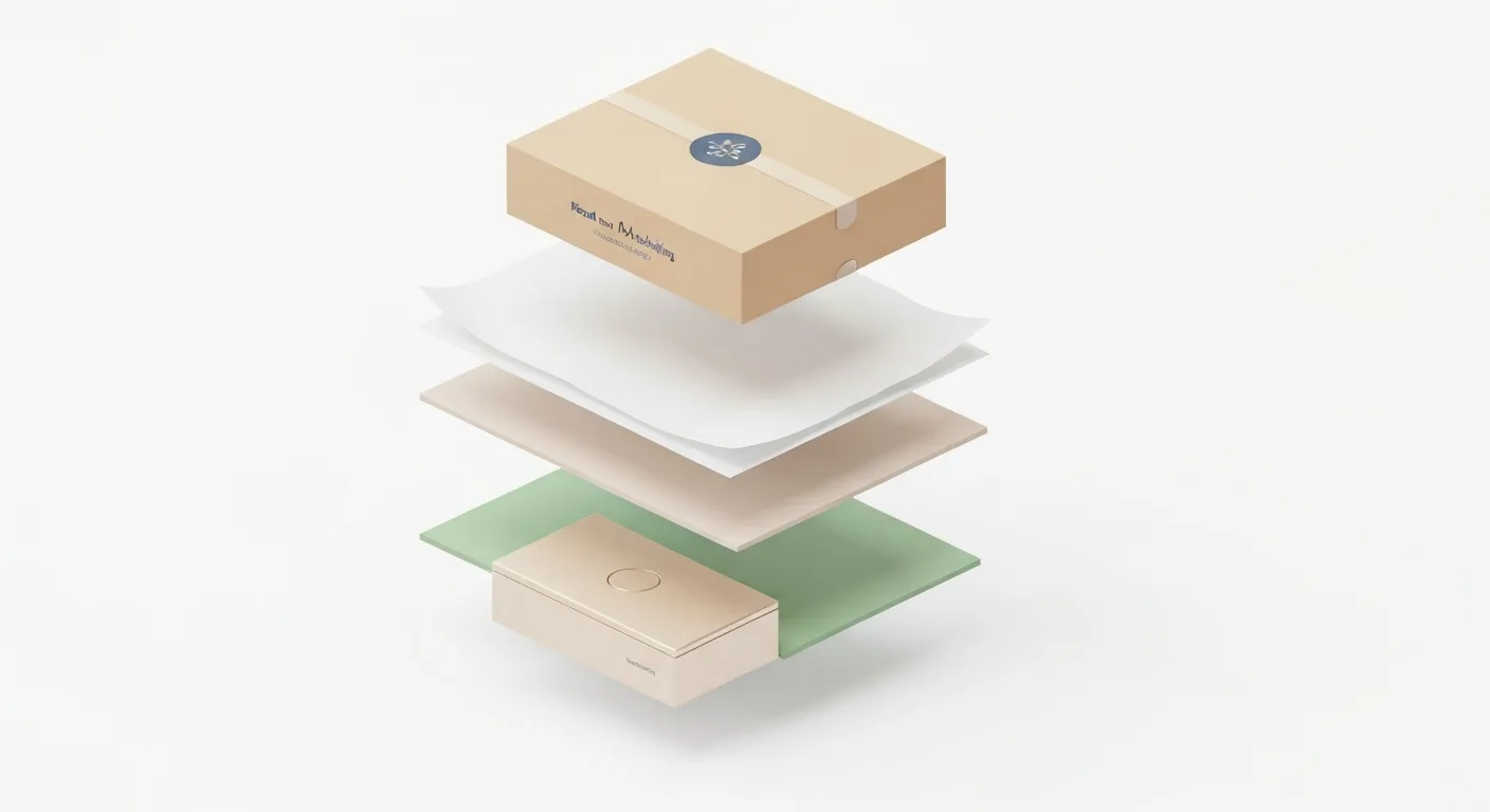 An exploded-view isometric illustration of a perfectly prepared package for unboxing. The image shows the different layers floating in the air: a branded outer box, colored tissue paper, a personalized thank-you card, protective filler, and the main product at the center.