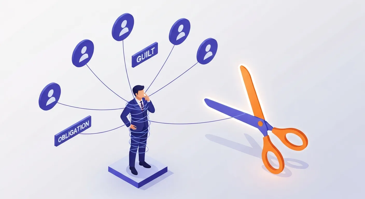 An abstract illustration of a person entangled in glowing digital threads labeled 'FOMO' and 'Guilt,' contemplating cutting them with a large 'Unfollow' button, representing the psychological struggle of digital obligations.