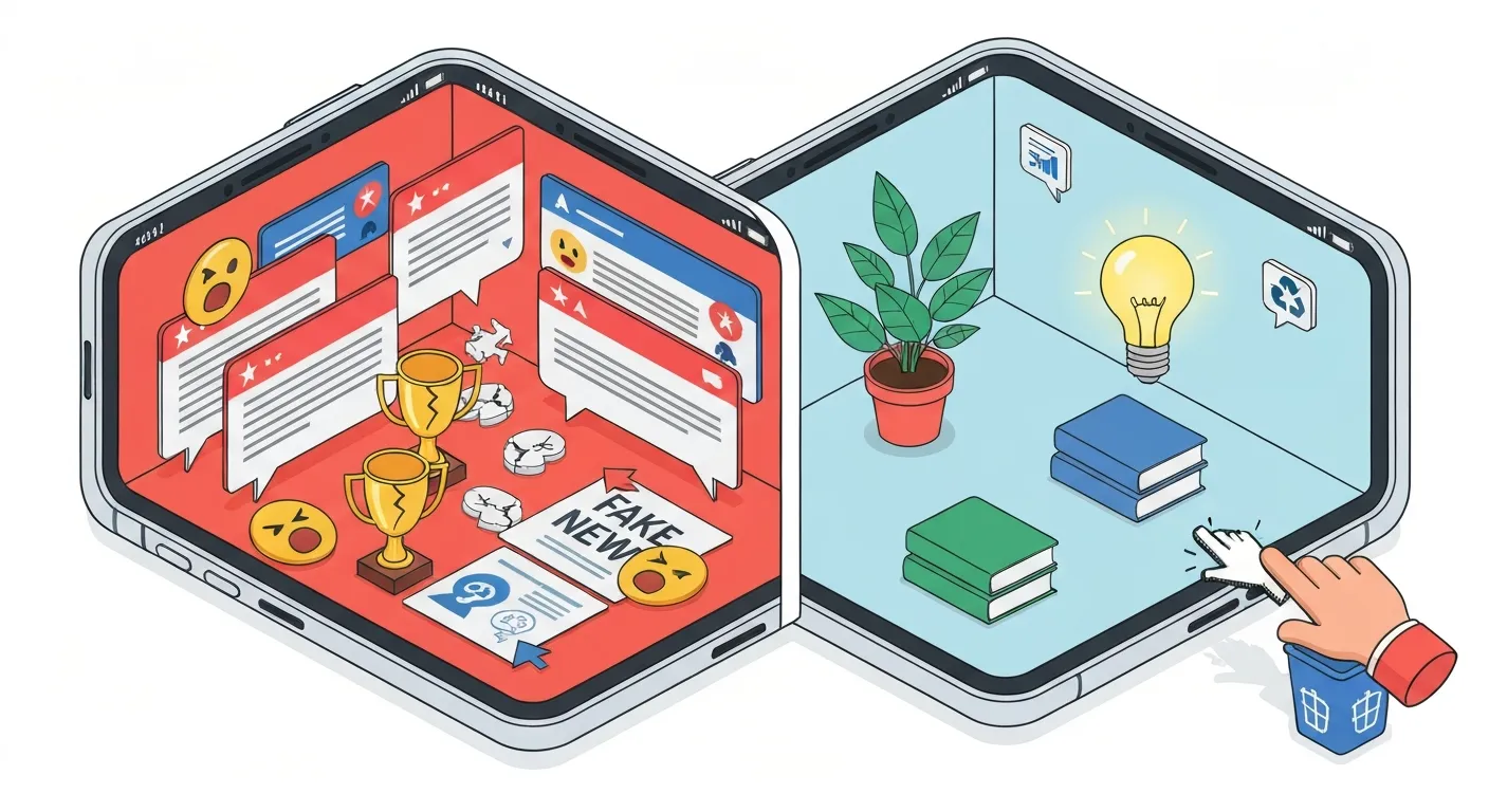 A diptych showing a cluttered, chaotic social media feed on the left, contrasted with a clean, organized, and inspiring feed on the right, illustrating the concept of transforming your digital space from a trash bin into a well-tended home.