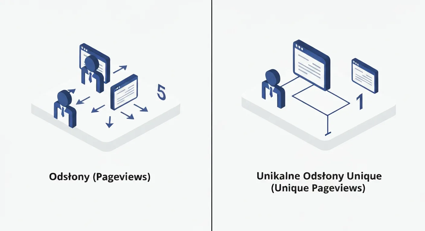 Diagram porównujący metryki 'Odsłony' i 'Unikalne odsłony'. Po lewej stronie, jeden użytkownik w ramach jednej sesji wielokrotnie odświeża tę samą stronę, co generuje 5 odsłon. Po prawej stronie, ta sama aktywność jest liczona jako 1 unikalna odsłona, co ilustruje kluczową różnicę między metrykami.