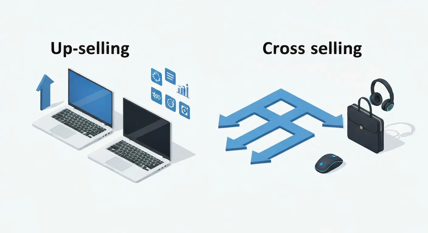 Grafika porównawcza w stylu izometrycznym, która jasno rozróżnia up-selling i cross-selling. Po lewej stronie strzałka w górę prowadzi od standardowego laptopa do lepszego modelu. Po prawej, strzałki na boki prowadzą od laptopa do akcesoriów takich jak mysz i torba.