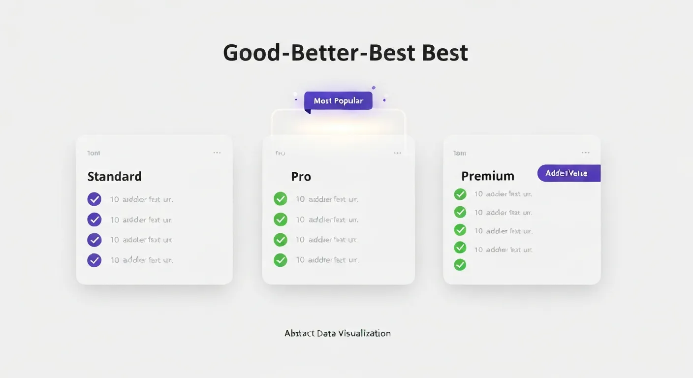 Wizualizacja interfejsu użytkownika przedstawiająca strategię porównania produktów 'Dobry-Lepszy-Najlepszy'. Trzy karty produktów stoją obok siebie, a środkowa opcja 'Lepszy' jest wizualnie wyróżniona jako 'Najpopularniejszy wybór', z większą liczbą zielonych znaczników wyboru przy funkcjach.