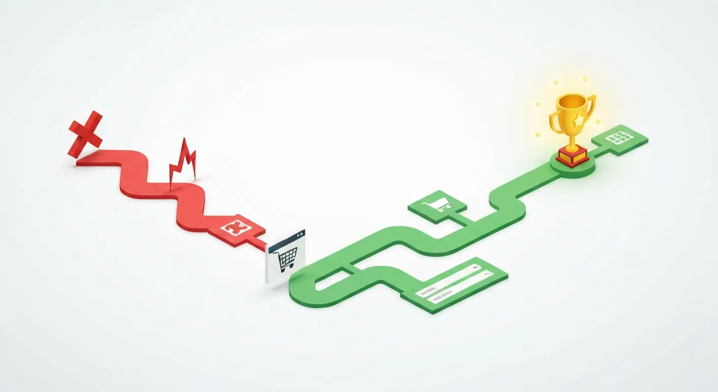 An isometric illustration comparing two distinct user journeys. One is a short, broken red line representing a user who abandoned their session, while the other is a long, successful green path leading to a conversion trophy.