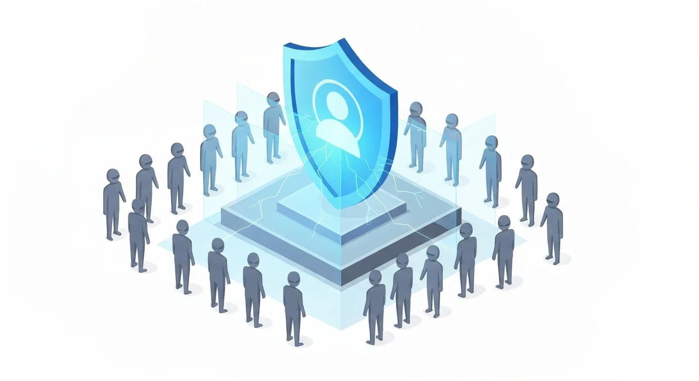 Ilustracja izometryczna przedstawiająca solidny postument z oficjalnym profilem marki, chroniony przez dużą, przezroczystą tarczę z niebieskim znaczkiem weryfikacyjnym. Wokół niego znajdują się liczne, szare i anonimowe postacie symbolizujące fałszywe konta, które nie mogą się zbliżyć.