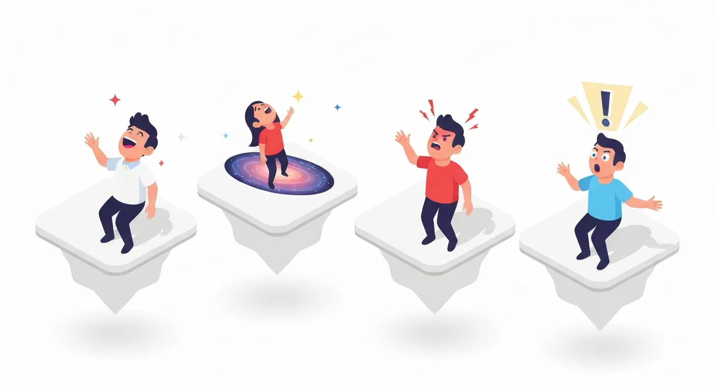 An isometric illustration showing four platforms, each representing a key emotion for viral content: a person laughing (humor), a person looking up in awe at stars (awe), a person with a stormy cloud above their head (anger), and a person with a lightbulb moment (surprise).
