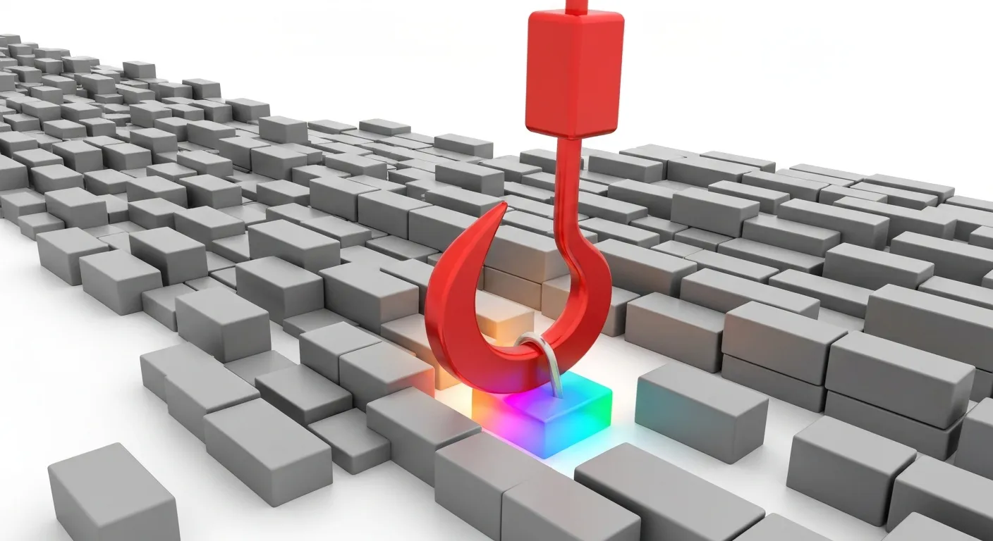 A conceptual illustration of a social media strategy. A giant, magnetic hook is shown pulling a single, brightly colored content block from a fast-moving, grey stream of other content, symbolizing a powerful hook capturing user attention.
