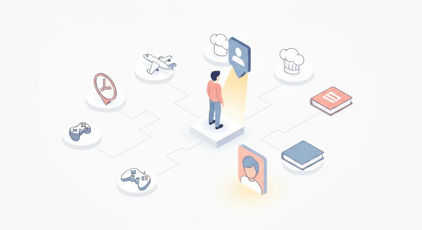 Ilustracja izometryczna przedstawiająca proces wyboru niszy dla vloga. Centralna postać ma nad głową ikony symbolizujące pasje (podróże, gotowanie, gry), a jedna z nich jest podświetlona i prowadzi do ikony symbolizującej konkretną grupę docelową.