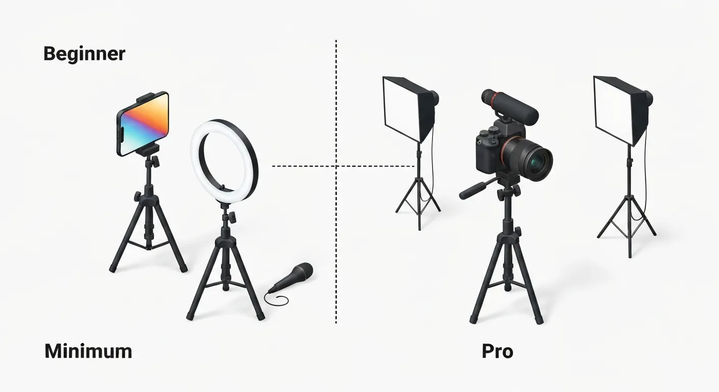 Porównanie dwóch zestawów sprzętu do vlogowania na ilustracji izometrycznej. Po lewej stronie widać zestaw dla początkujących: smartfon na statywie, mikrofon krawatowy i lampa pierścieniowa. Po prawej zestaw dla zaawansowanych: profesjonalny aparat, mikrofon typu shotgun i oświetlenie studyjne.