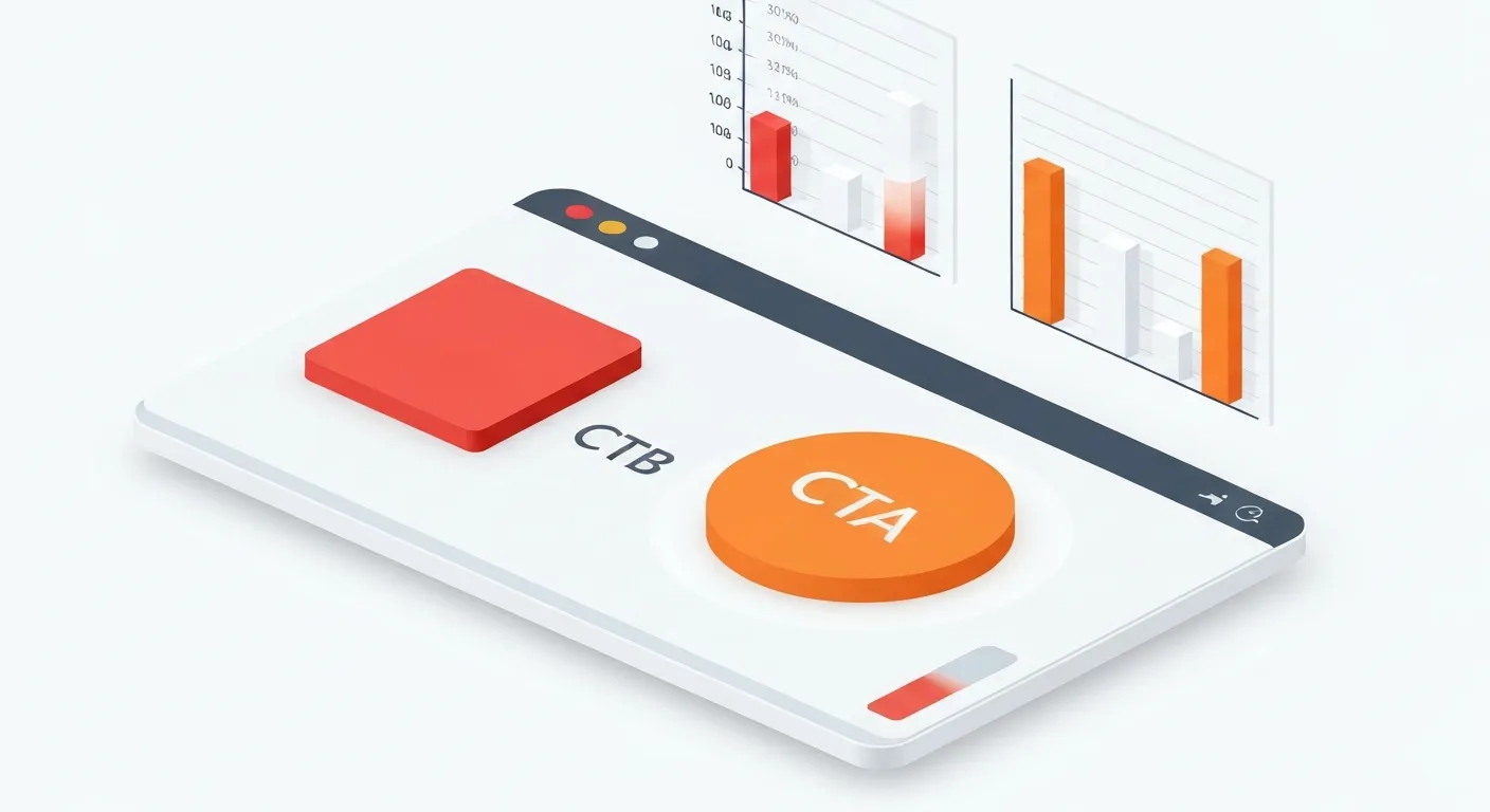 Izometryczna ilustracja przedstawiająca panel projektanta z testami A/B różnych przycisków CTA. Porównywane są różne kolory, kształty i teksty, a wykresy pokazują ich wskaźniki konwersji.