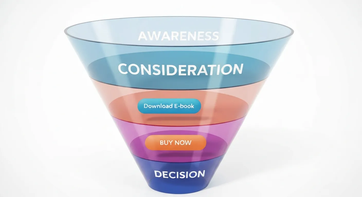 Wizualizacja 3D lejka marketingowego podzielonego na trzy etapy: Świadomość, Rozważanie i Decyzja. Każdy etap zawiera reprezentatywny przycisk wezwania do działania, np. 'Dowiedz się więcej' i 'Kup teraz'.