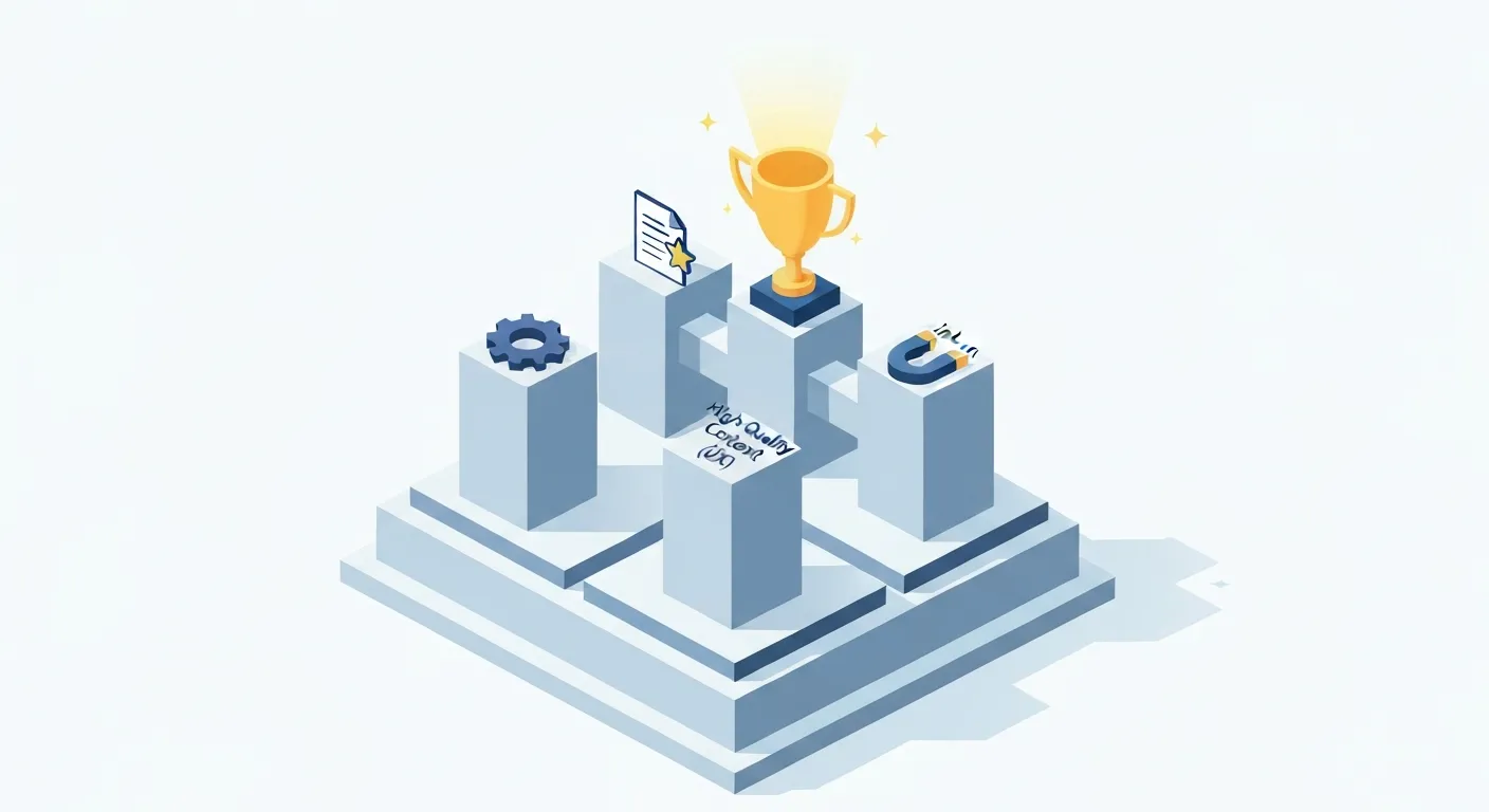 Izometryczna ilustracja przedstawiająca cztery fundamentalne filary White Hat SEO: Techniczne SEO, Treść wysokiej jakości, Doświadczenie użytkownika (UX) i Naturalne zdobywanie linków, połączone ze sobą jak solidny fundament.