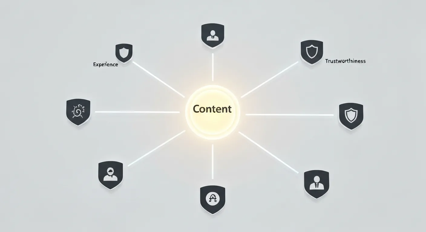 Wizualizacja koncepcji Google E-E-A-T. Centralny element symbolizujący treść jest otoczony przez cztery świecące tarcze z napisami: Doświadczenie, Ekspertyza, Autorytet i Zaufanie, co symbolizuje weryfikację jakości.