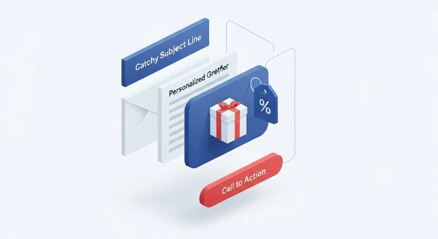 Izometryczna ilustracja przedstawiająca anatomię idealnej wiadomości powitalnej. Na ekranie laptopa widoczny jest e-mail, z którego wychodzą linie wskazujące na jego kluczowe elementy: chwytliwy temat, spersonalizowane powitanie, obiecany bonus (np. kod rabatowy) i wyraźne wezwanie do działania (CTA).
