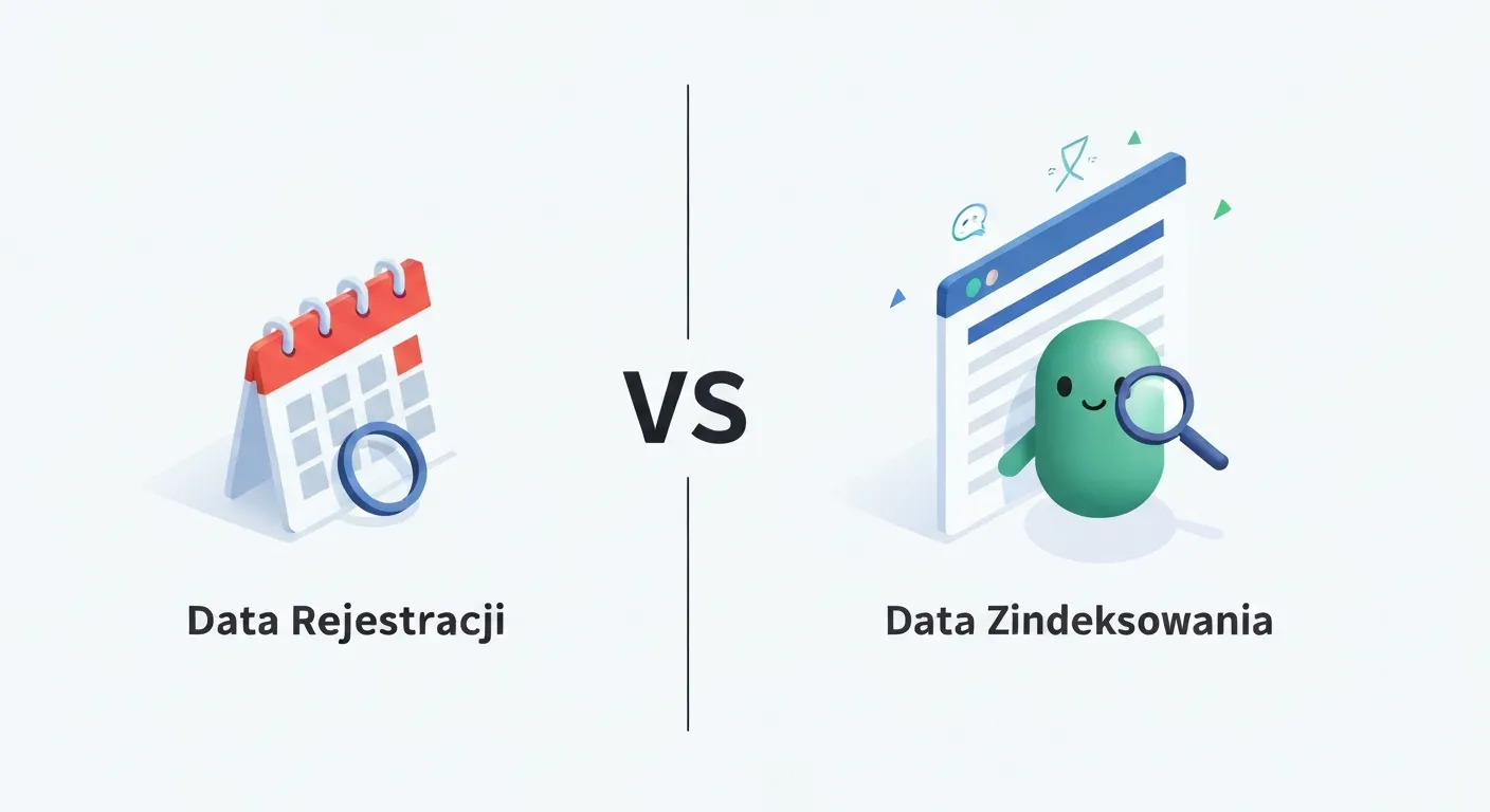 Ilustracja porównująca dwie metody mierzenia wieku domeny. Po lewej stronie ikona kalendarza z datą symbolizująca datę rejestracji. Po prawej, robot wyszukiwarki Google skanujący stronę po raz pierwszy, co reprezentuje datę zaindeksowania, kluczową dla SEO.