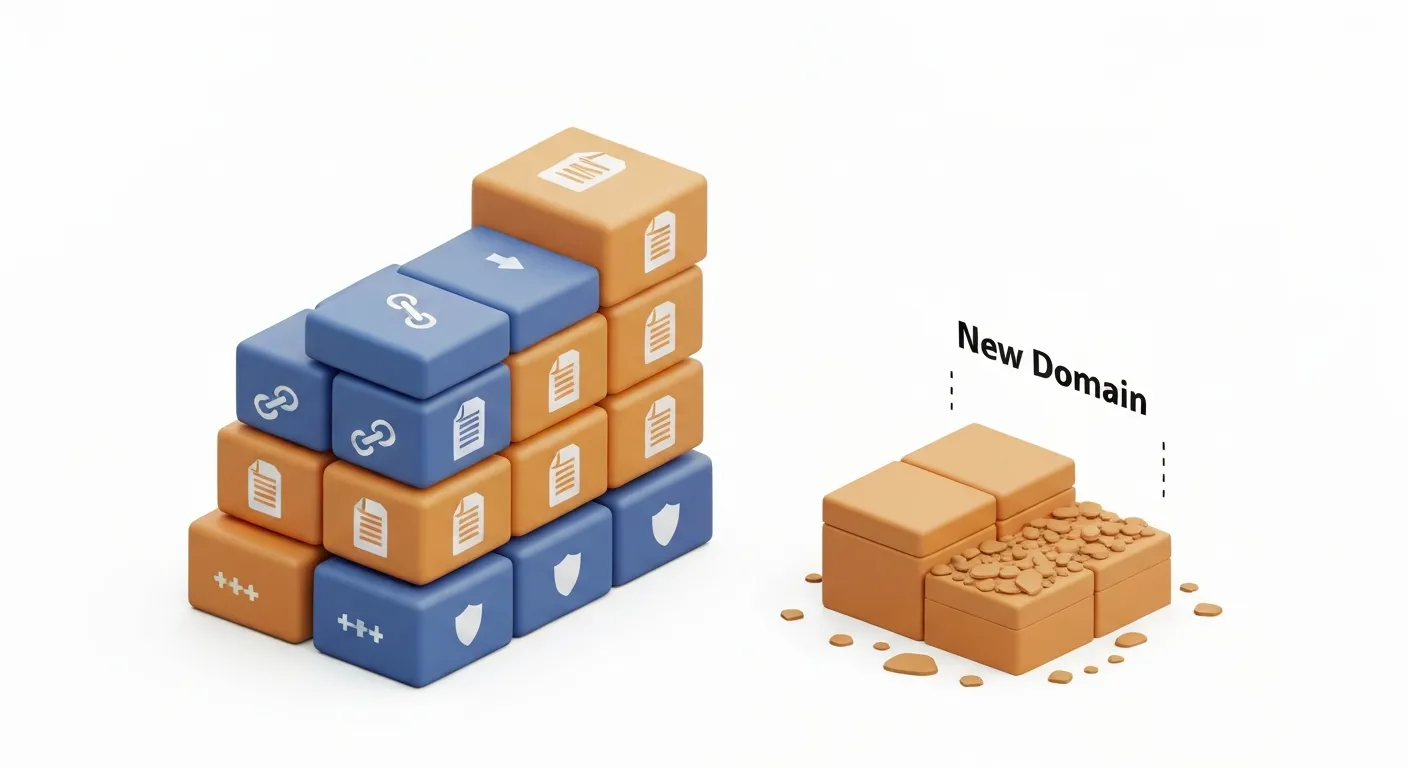 Grafika koncepcyjna pokazująca, dlaczego starsze domeny mają przewagę w SEO. Ugruntowana domena jest przedstawiona jako solidna, rosnąca twierdza zbudowana z klocków symbolizujących linki zwrotne, zaufanie (E-E-A-T) i bogatą treść. Obok niej nowa domena to zaledwie fundament.