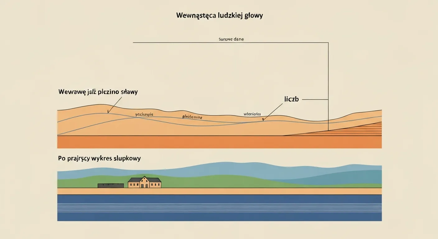 Ilustracja porównująca, jak ludzki mózg przetwarza informacje: po jednej stronie splątana plątanina symbolizująca surowe dane, a po drugiej przejrzysty wykres, obrazujący efektywność wizualizacji danych.