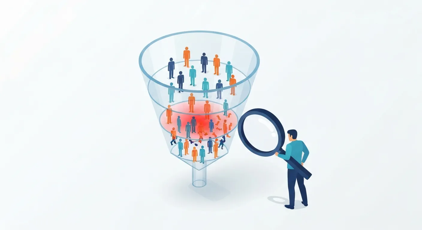 Graficzna ilustracja wąskiego gardła w lejku sprzedażowym. Stylizowane postacie klientów przechodzą przez kolejne etapy przezroczystego lejka, a w jednym miejscu powstaje zator, na który wskazuje lupa analityka, symbolizując identyfikację problemów w procesie sprzedaży.