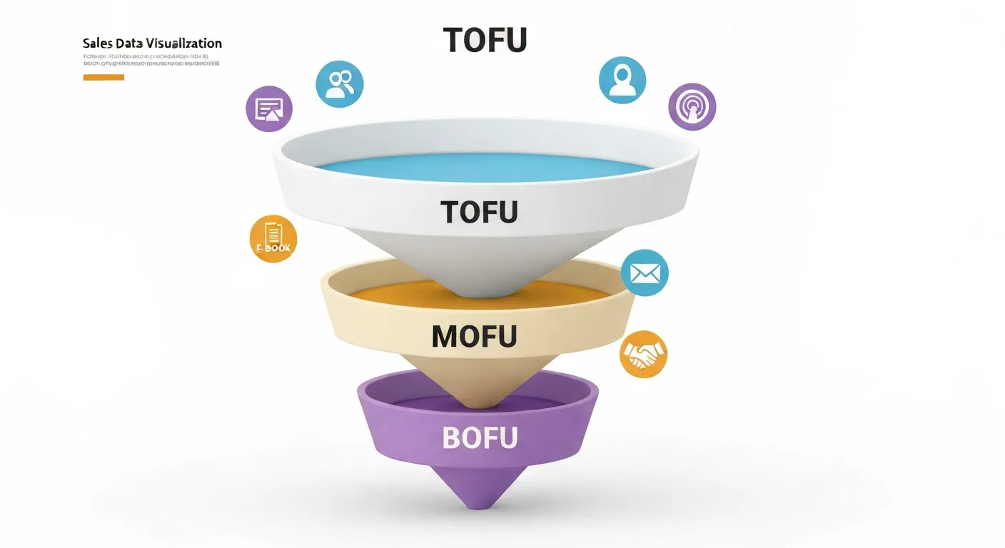 Infografika przedstawiająca etapy lejka sprzedażowego: TOFU, MOFU, BOFU. Każdy etap jest oznaczony i ma przypisane ikony symbolizujące odpowiednie działania marketingowe, takie jak blogi, webinary i oferty sprzedażowe.