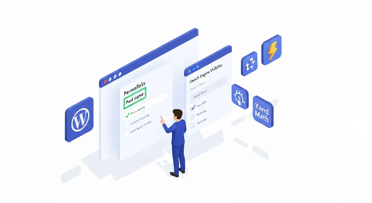 Izometryczna ilustracja przedstawiająca panel administracyjny WordPress, na którym użytkownik konfiguruje kluczowe ustawienia SEO, takie jak struktura linków bezpośrednich i widoczność dla wyszukiwarek. Obok widoczne są ikony popularnych wtyczek SEO.