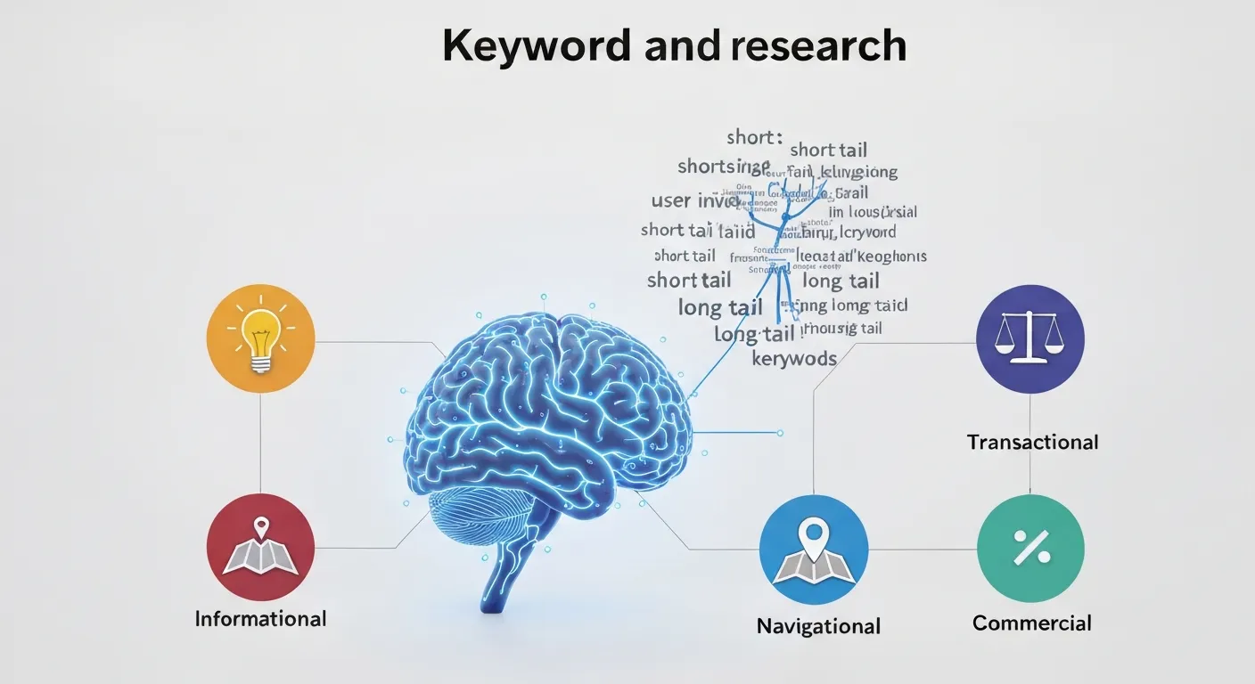 Abstrakcyjna wizualizacja procesu badania słów kluczowych i intencji użytkownika. Centralnym elementem jest mózg połączony z chmurą słów kluczowych i ikonami reprezentującymi różne typy intencji: informacyjną, transakcyjną, nawigacyjną.