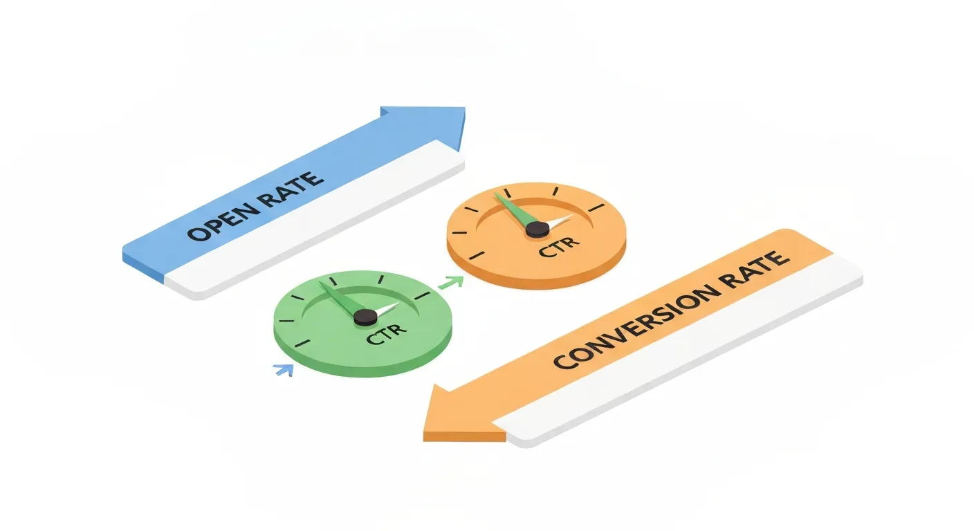 An isometric data visualization infographic explaining the difference between email marketing metrics. It shows three distinct gauges: one for Open Rate (high), one for Click-Through Rate (medium), and one for Conversion Rate (lower), clearly labeling each to illustrate their relationship.