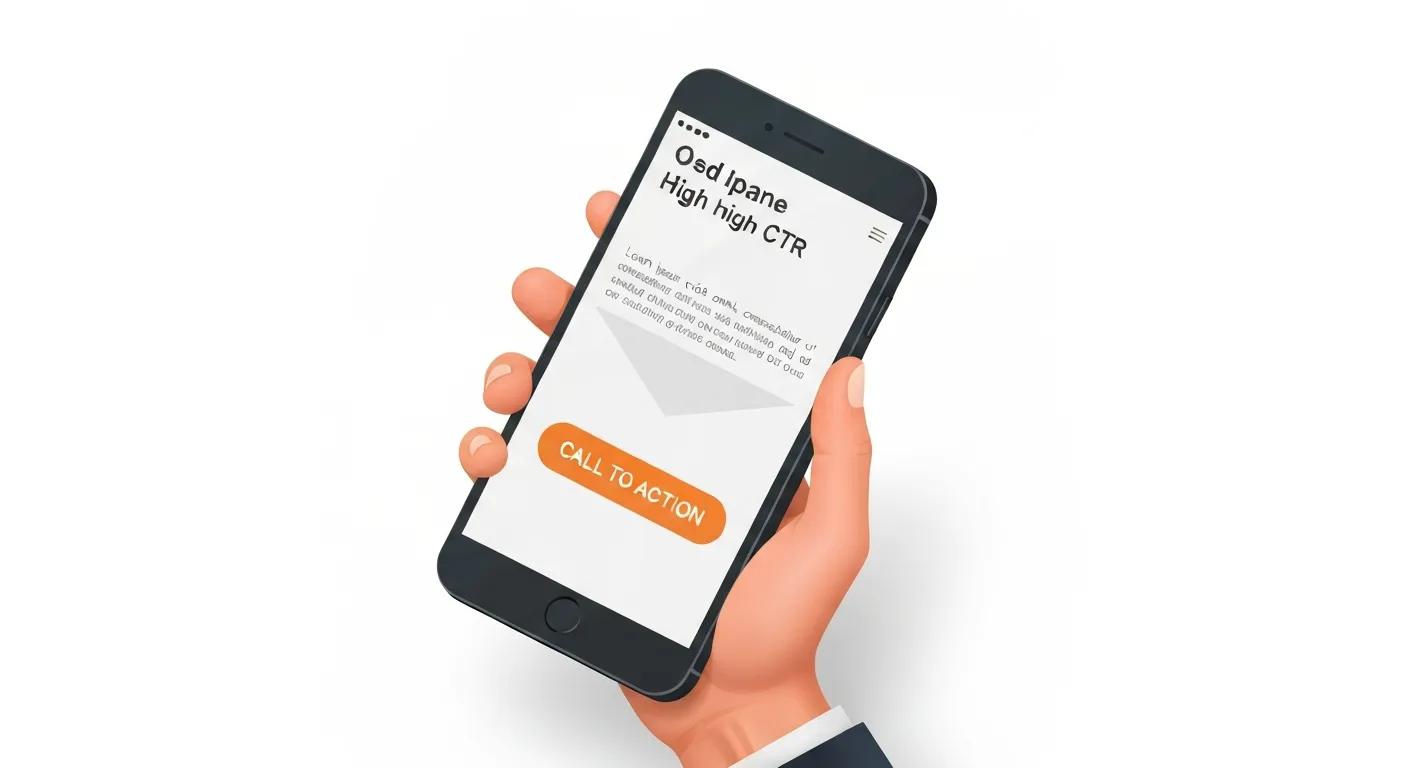 An isometric illustration of a person's hand holding a smartphone, displaying a perfectly structured email. The email has a clear headline, short paragraphs, and a large, contrasting orange Call-to-Action (CTA) button with the text 'Odbierz rabat' that is highlighted with a subtle glow, drawing the user's attention.