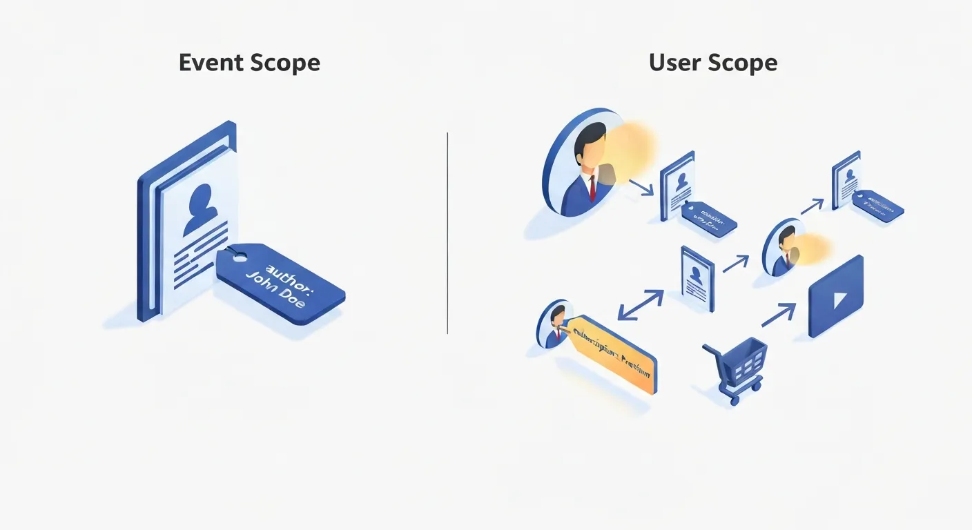 An isometric illustration clearly comparing event-scope and user-scope custom dimensions. On one side, a data tag is attached to a single user action, and on the other, a persistent attribute is attached to a user profile, following them across multiple different actions.