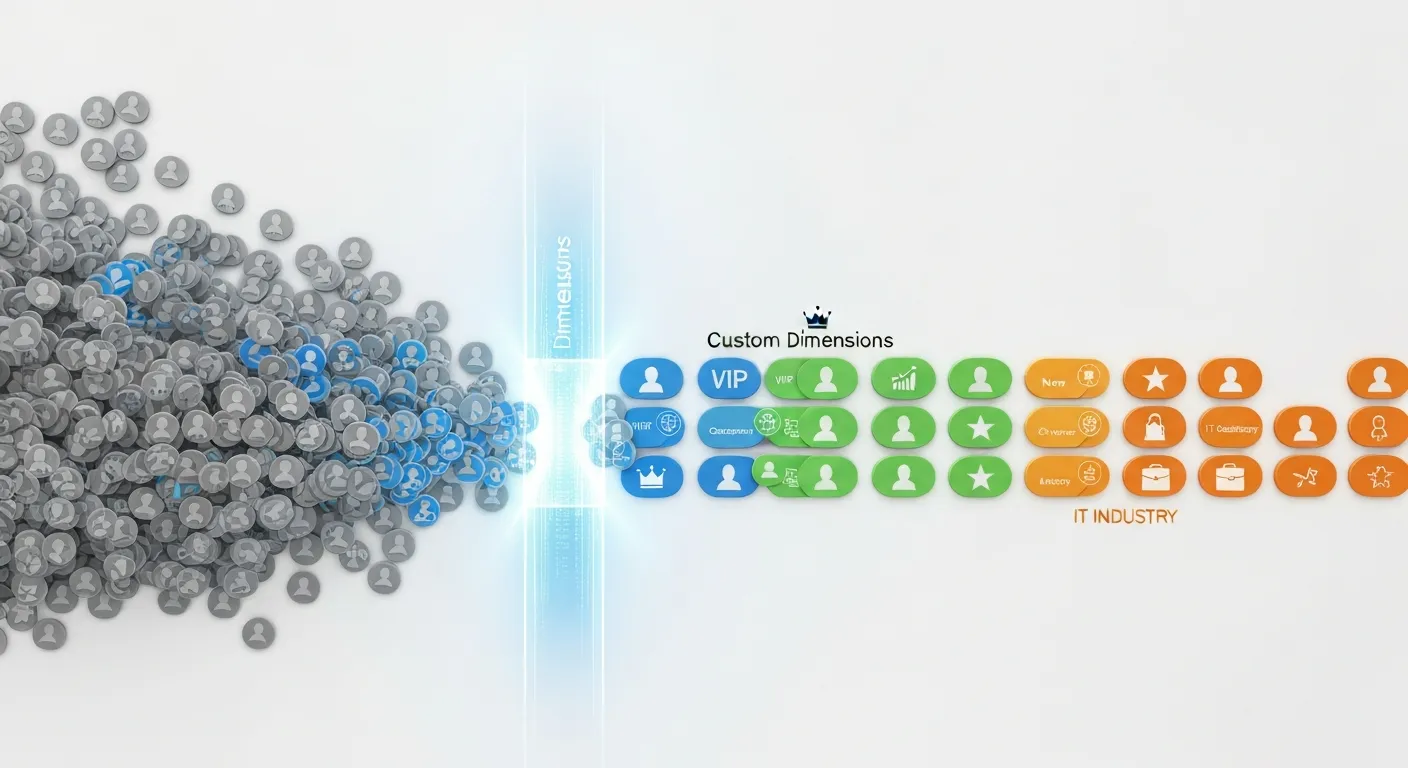 A visual metaphor for deeper segmentation using custom dimensions. A large mass of generic user icons is filtered through a prism labeled 'Custom Dimensions', emerging as smaller, distinct, and color-coded groups representing valuable business segments like 'VIP' and 'New Customer'.