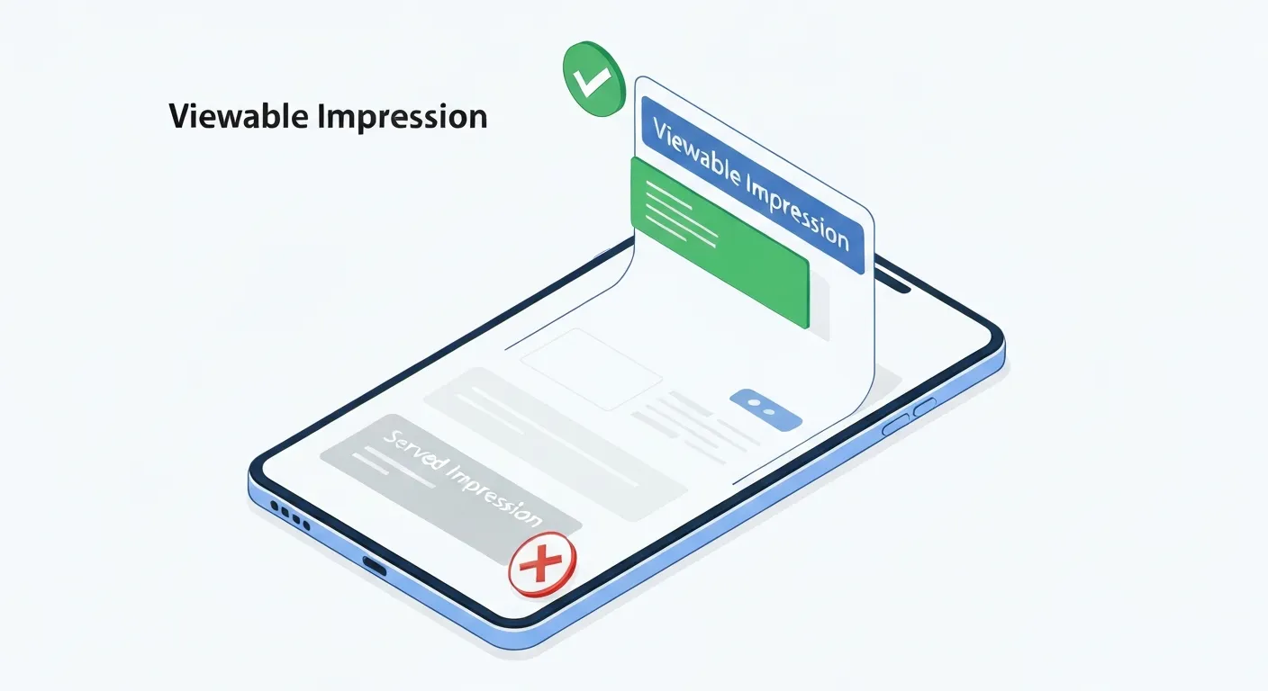 An isometric illustration comparing 'served' vs 'viewable' impressions. A smartphone screen shows a webpage where an ad at the top is highlighted in green as 'viewable', while another ad at the bottom of the page, below the fold, is greyed out and labeled as 'served but not viewable'.
