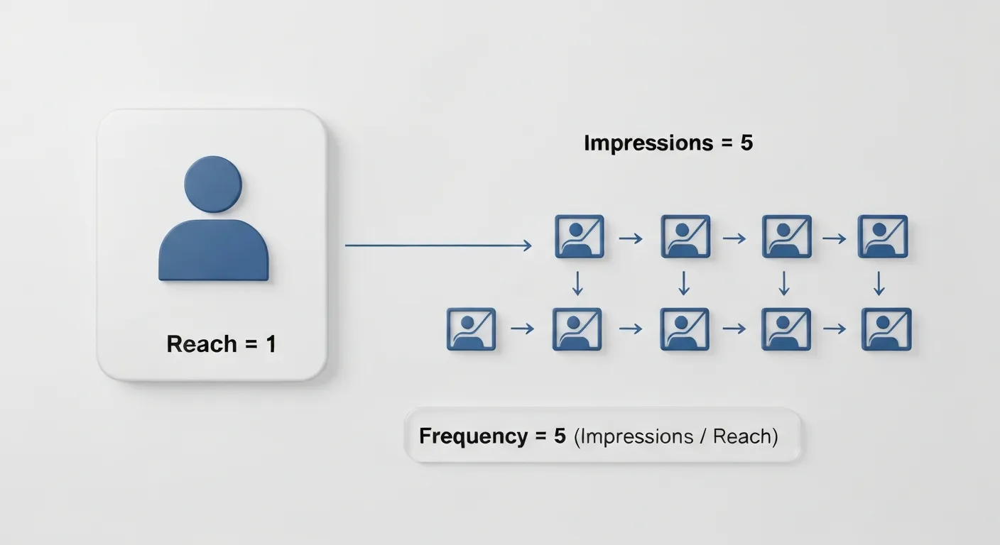 A simple data visualization explaining the relationship between Reach, Impressions, and Frequency. On the left, a single 'unique user' icon is labeled 'Reach: 1'. On the right, five ad icons are pointing to that single user, labeled 'Impressions: 5', with a formula 'Frequency = 5' shown below.