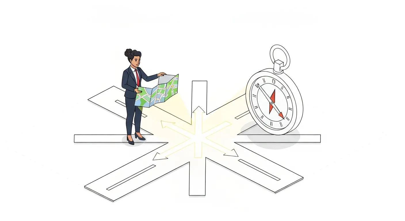 An isometric illustration showing a person using a giant compass and map to choose a clear path forward, representing how goals provide direction and clarity in life.