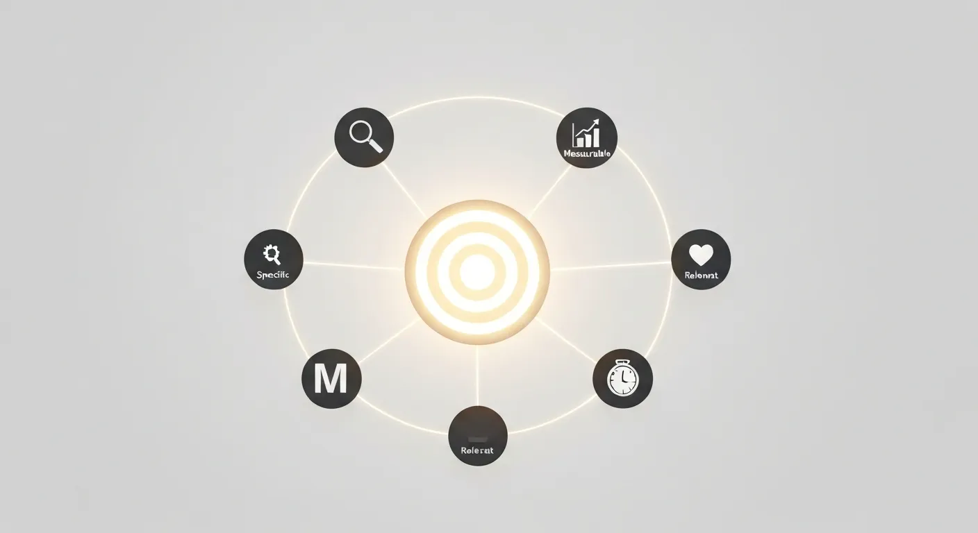 A clean, abstract diagram visualizing the SMART goals framework, with icons for Specific, Measurable, Achievable, Relevant, and Time-bound elements converging on a central target.