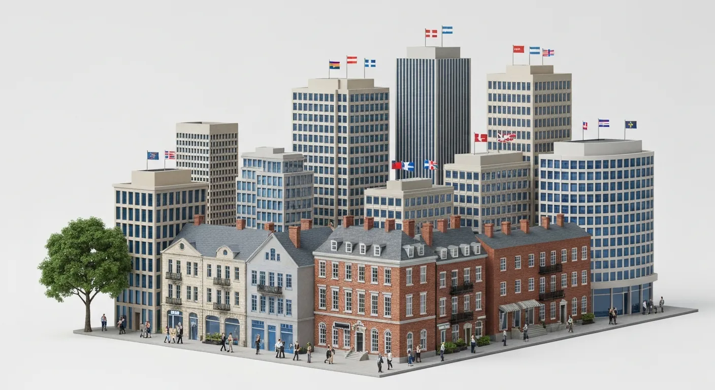 Izometryczna ilustracja przedstawiająca kluczowe kategorie stron YMYL. Widoczny jest nowoczesny budynek banku (finanse), szpital (zdrowie), sąd (prawo) i centrum informacyjne (wiadomości), pokazując obszary podlegające specjalnej ocenie Google.