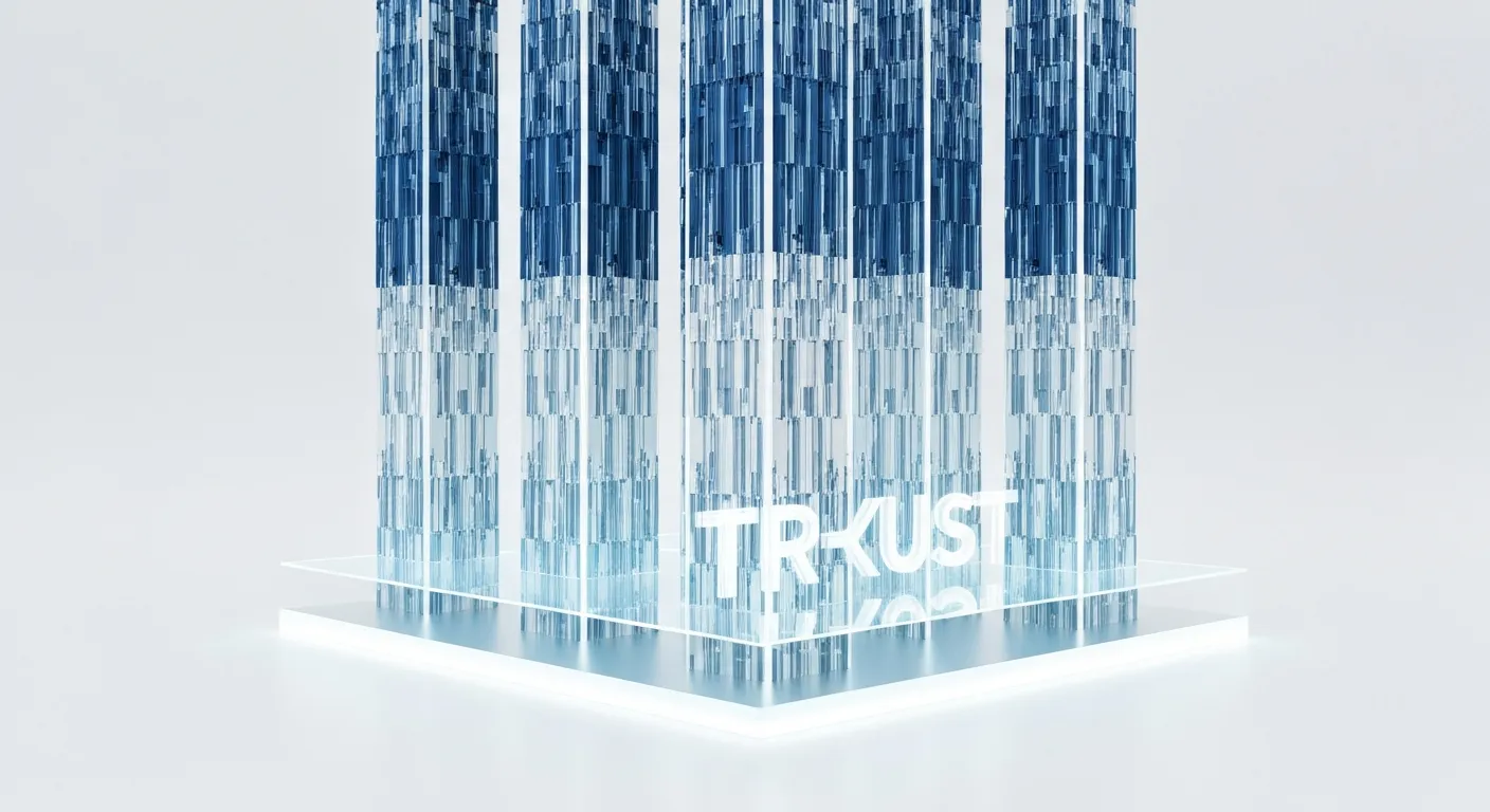 Abstrakcyjna wizualizacja filarów E-E-A-T. Cztery solidne, nowoczesne kolumny z etykietami: Doświadczenie, Ekspertyza, Autorytet i Zaufanie, podtrzymują świetlistą platformę z napisem 'Ranking Google', co symbolizuje fundamenty jakości treści.