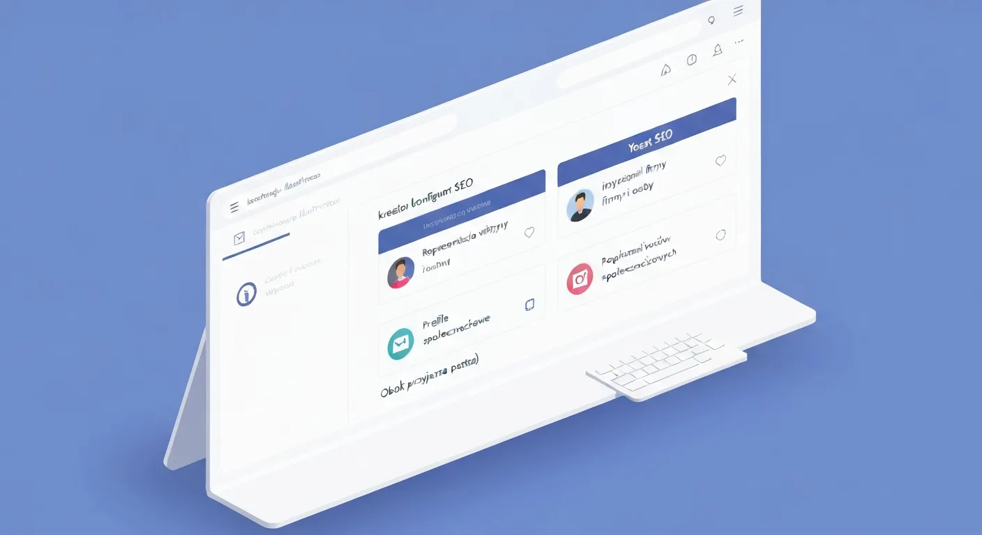 Ilustracja izometryczna pokazująca użytkownika konfigurującego wtyczkę Yoast SEO w panelu WordPress, z widocznymi krokami kreatora pierwszej konfiguracji, takimi jak reprezentacja witryny i profile społecznościowe.