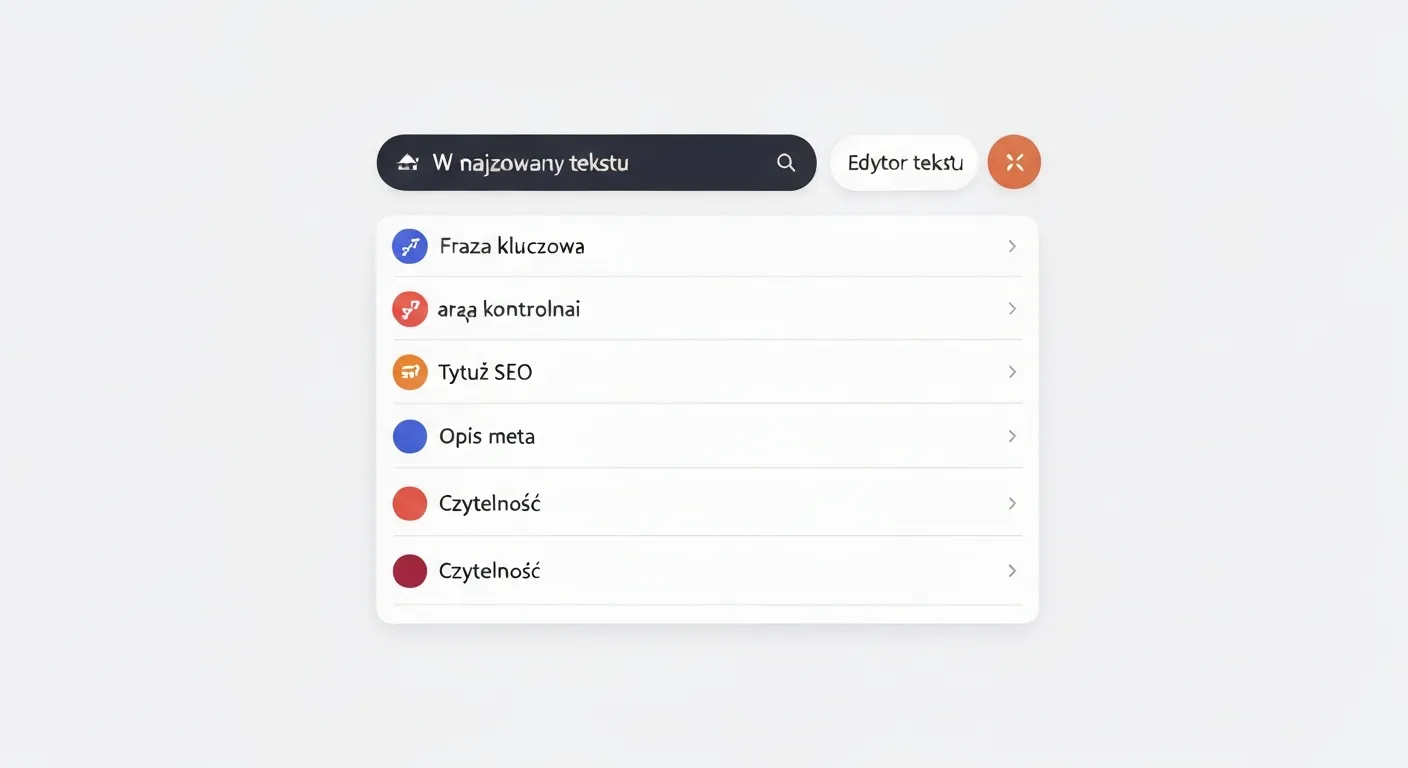 Grafika pokazująca analizę treści w Yoast SEO, z charakterystycznymi kolorowymi światełkami (zielone, pomarańczowe, czerwone) oceniającymi kluczowe elementy takie jak fraza kluczowa, tytuł SEO i czytelność tekstu.