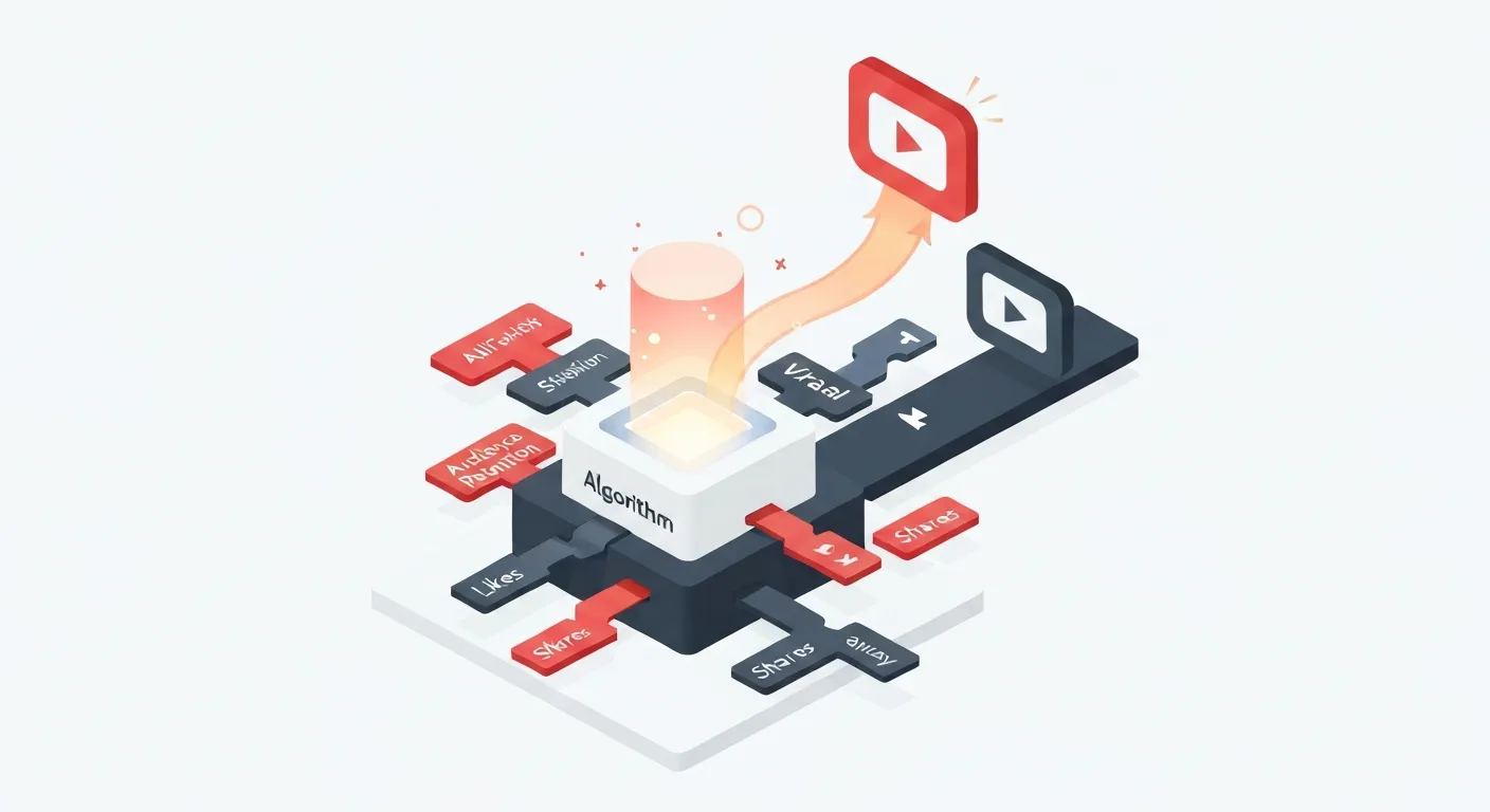 Ilustracja wizualizująca działanie algorytmu YouTube Shorts. Pokazuje, jak wskaźniki takie jak czas oglądania (Audience Retention), polubienia i komentarze wpływają na decyzję algorytmu o promowaniu wideo, co prowadzi do wirusowego zasięgu.