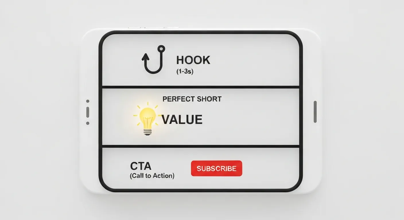 Infografika przedstawiająca idealną strukturę filmu YouTube Shorts, podzieloną na trzy kluczowe części: Hak (pierwsze 1-3 sekundy), Wartość (główna treść) i Wezwanie do działania (CTA) na końcu.