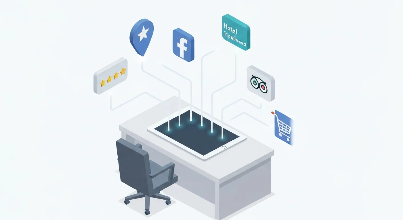 An isometric illustration of a central dashboard on a tablet, with lines connecting to various 3D icons representing different platforms for online reviews, such as a Google Maps pin, a social media app, and an e-commerce website.