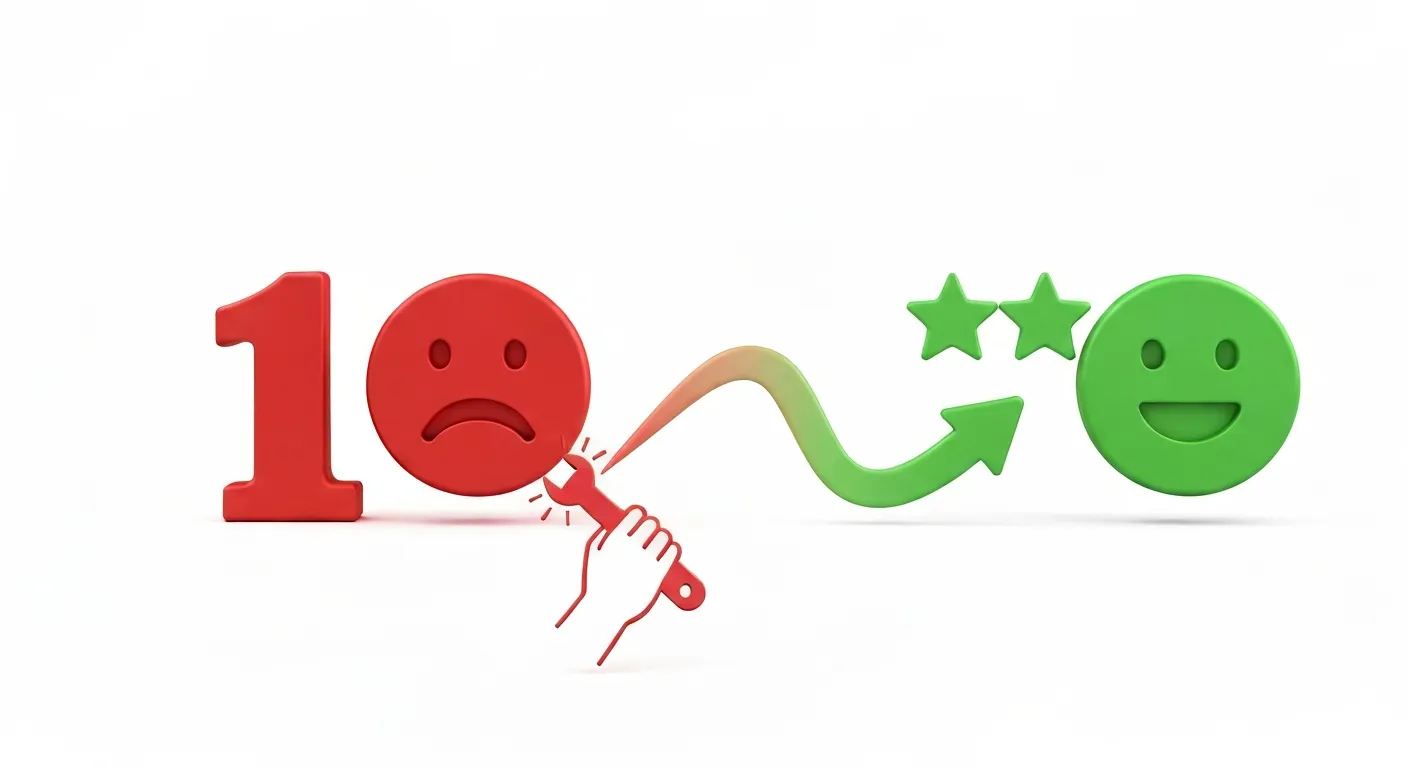 An abstract illustration showing a person turning a negative, red, frowning emoji review into a positive, green, smiling emoji review using a tool, representing the process of managing negative feedback effectively.