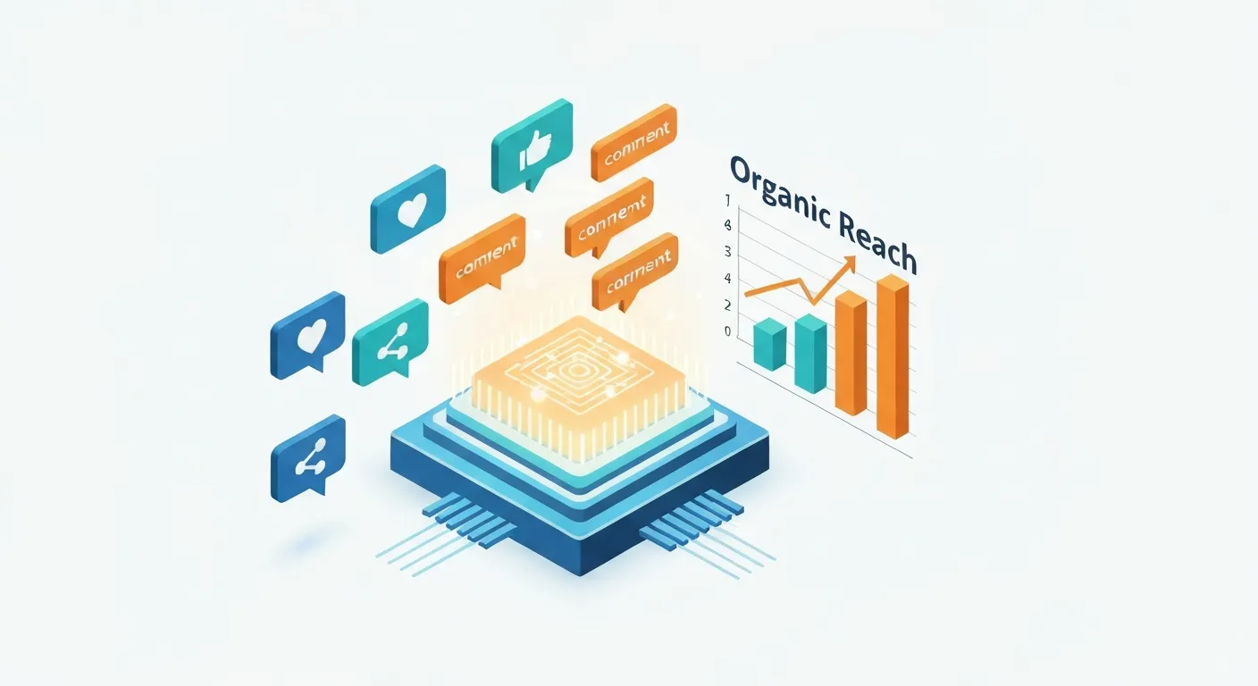 Ilustracja izometryczna przedstawiająca centralny, cyfrowy mózg symbolizujący algorytm. Analizuje on napływające dane w postaci ikon zaangażowania - polubień, komentarzy i udostępnień - aby zdecydować o zasięgu treści, co jest zobrazowane rosnącym wykresem.