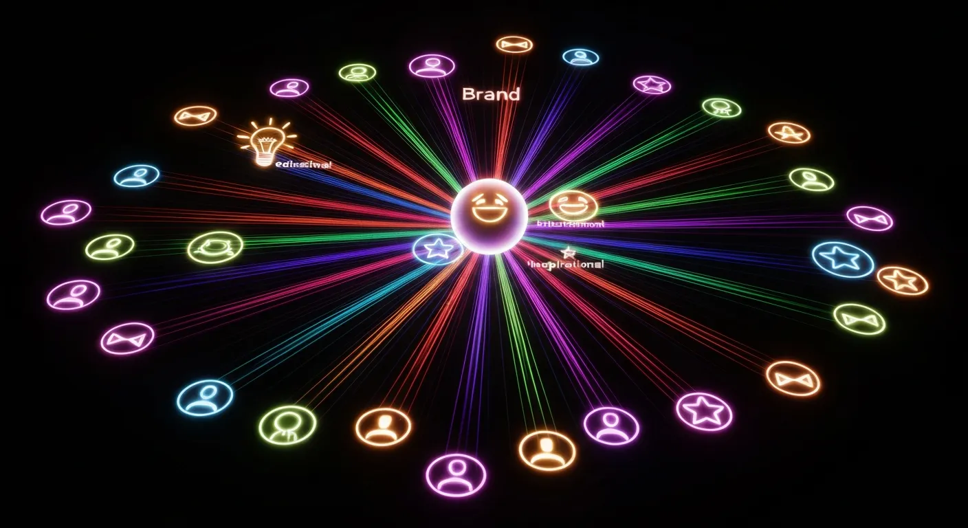 Abstrakcyjna wizualizacja pokazująca markę jako centralny punkt, z którego promieniują różne rodzaje angażujących treści - edukacyjne, rozrywkowe i inspirujące - docierając i łącząc się z siecią różnorodnych odbiorców, co symbolizuje strategię tworzenia treści wiralowych.