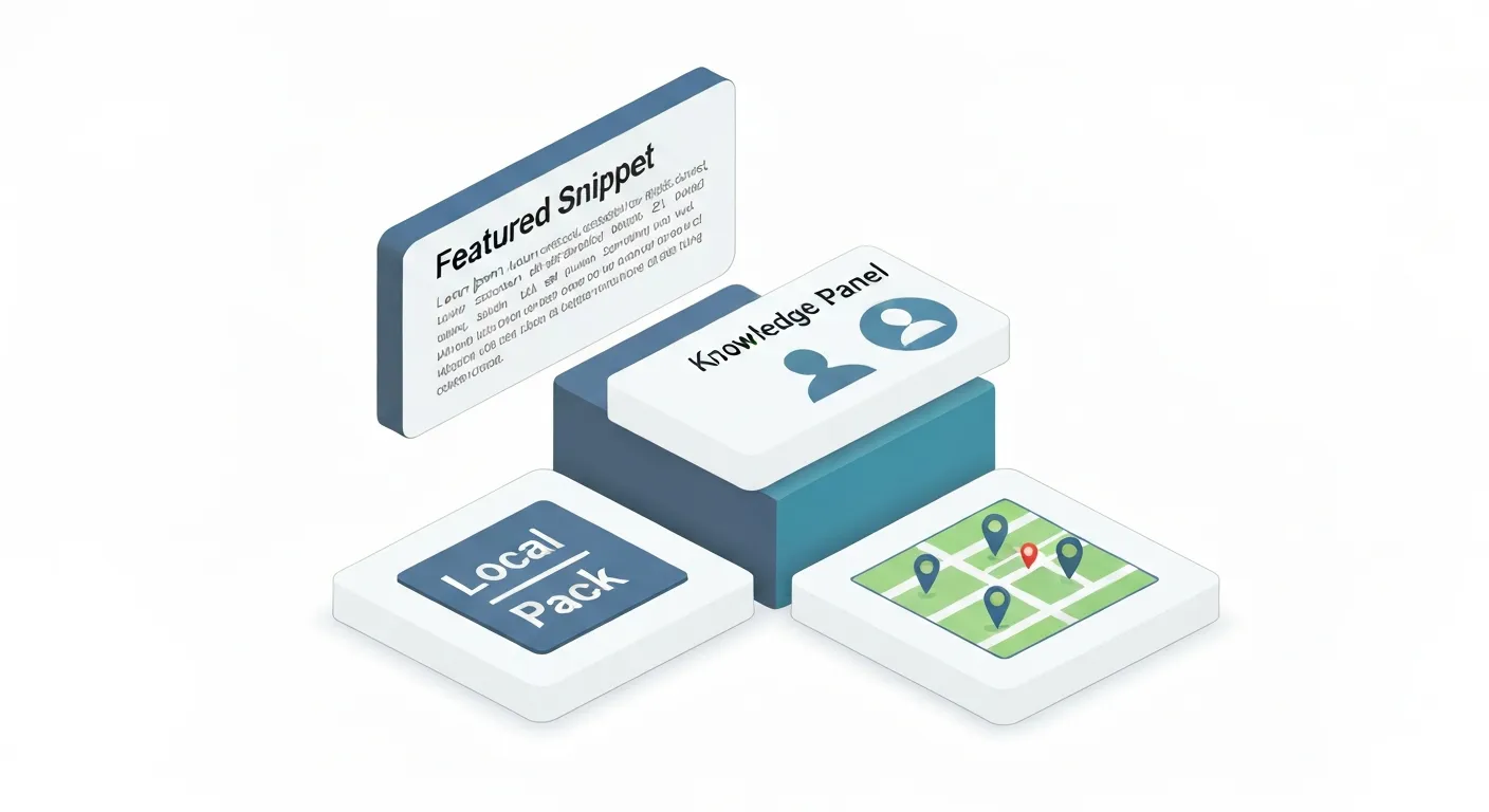 Izometryczna ilustracja strony wyników wyszukiwania (SERP) podzielonej na trójwymiarowe bloki. Każdy blok reprezentuje inny format 'zero-click search': na górze jest 'Featured Snippet', z boku 'Knowledge Panel', a poniżej mapa z pinezkami oznaczona jako 'Local Pack'.